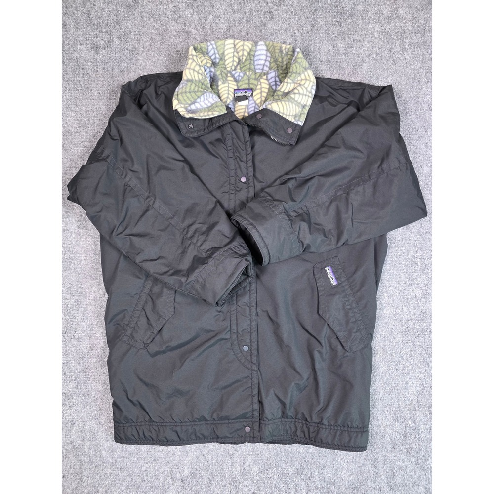 Vintage Patagonia Shelled Synchilla Jacket Womens M Black Leaf Print Fleece USA